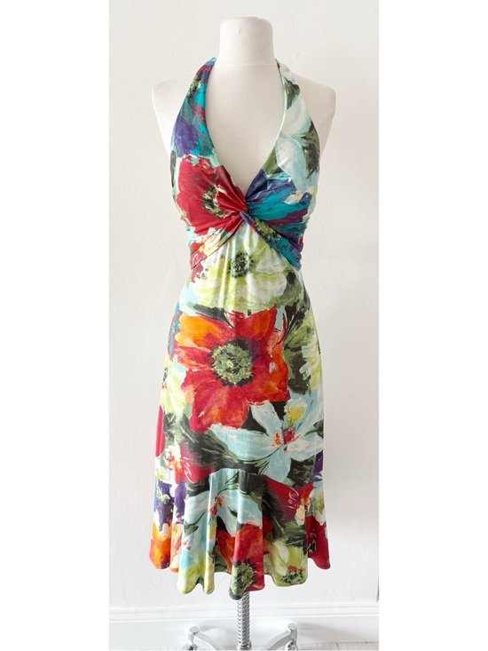 Cache Dresses & Skirts - Vintage Cache Y2K Floral Watercolor Print Halter Midi Dress Size 12